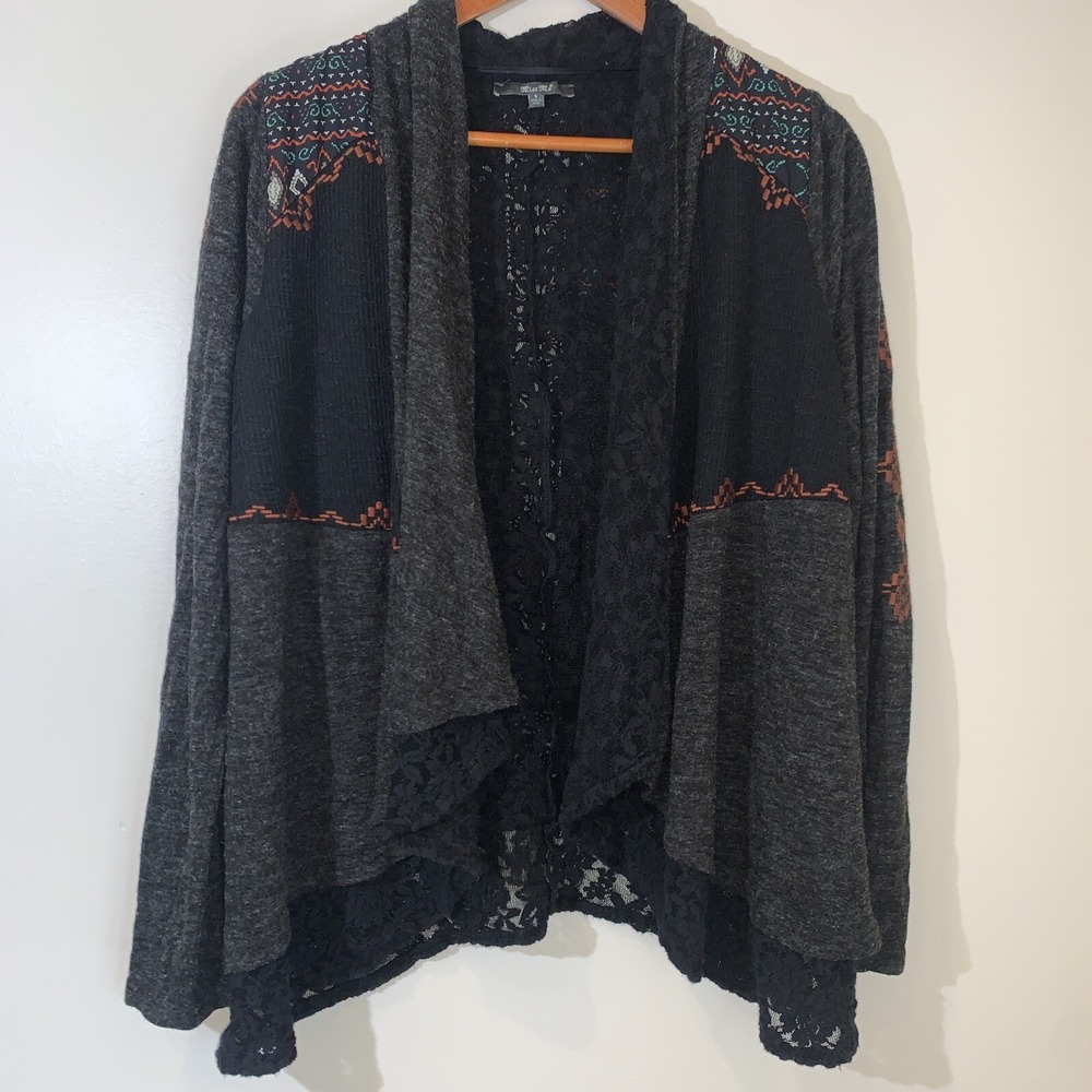 Miss Me Mixed Media Cardigan Womens‎ Small Black Knit with Lace Accents Boho